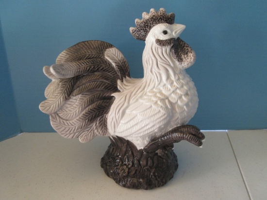 Ceramic 10" Rooster Figure Black & White Glaze Finish