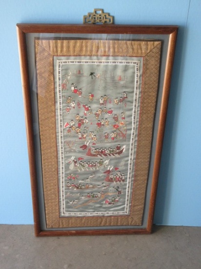Chinoiserie heavy Embellished oriental Needlework on Silk Depicts Children At Play & Dragon