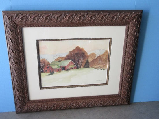 Red Barn Pasture Rural Farm Scene Mountains Background Original Water Color Artist Signed
