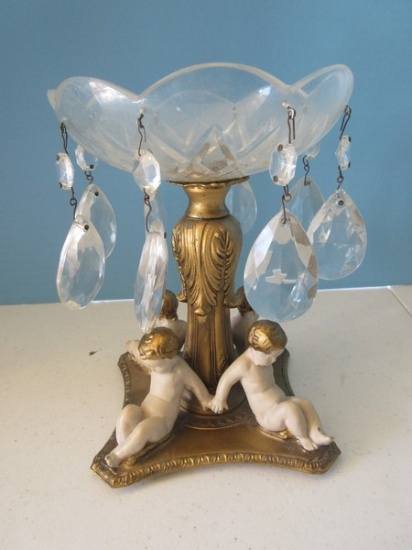 Striking Neoclassical Revival Style Compote Resin Putti Figural Gilt Base w/Cut Crystal Bowl &