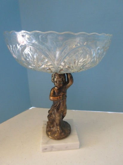 French Inspired Cast Metal Figure Compote on Italian Marble Base w/Medallion Pattern Glass