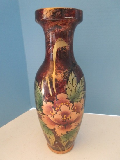 Porcelain 12" Asian Peony Flower & Foliage Design Vase Antiqued glaze Finish