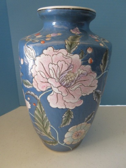 Porcelain Oriental Incised Floral Design 12" Vase Hand Painted Slate Blue Background