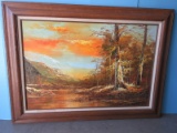 Fall Landscape Mountainous Background Original Oil on Canvas Signed Longman in Frame & Linen