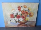 Still Life Floral Chrysanthemum Arrangement in Bowl Oil on Canvas Signed M.D. Cuoid. 30