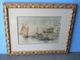 Shoreline Italian Township Watercolor Lithograph Artist P. Sala Embossed Antiqued Gilt Patina