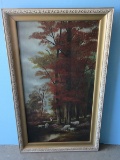Shepherdess Watching Over Her Sheep Peaceful Fall Woodland & Pond Scene Original Oil on