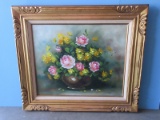 Still Life Pink Roses & Yellow Daisies in Footed Vase Carved Signed Original Oil on Canvas in