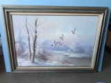 Winter Landscape Scene w/Mallard Ducks in Flight Original Oil on Canvas Signed in Gray Silver