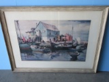 Harbour Dock Waterfront Scene by James Sessions in Rustic White Wash Frame. 32 1/4