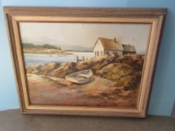 Cottage By The Bay w/Boat on Shore Original Artwork Oil On Canvas Signed Les Grohe in Rustic
