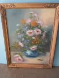 Still Life Spring Floral Arrangement In Blue Vase Original Artwork On Canvas Artist Signed In