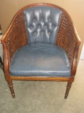 Bergere French Regency Style Barrel Back Chair Fruitwood Bamboo Design Diamond Tufted Vinyl