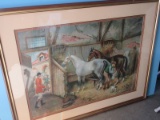 Ready For The Hunt Stable Scene Lithograph In Two Tone Frame/Mat. 41