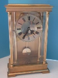 Stately Brass Column Beveled Glass clock w/Jewels & Pendulum By Fabrik Marke.