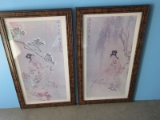 Beautiful Pair Oriental Geisha Fine Art Prints Landscape Scenes in Simulated Burled Walnut