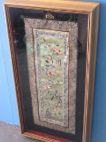 Beautiful Oriental Needlework on Silk Birds Fruit & Flowering Tree in Shadowbox Frame Gilt