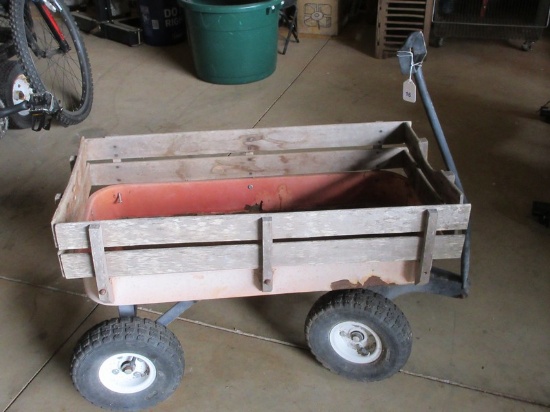 Vintage Red Wagon w/Attached Wood Side Rails Pneumatic Wheels- 20"H x 16" x 32 1/2"