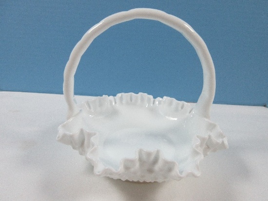 Fenton Milk Glass Hobnail Pattern Basket w/ Applied Handle Crimped Ruffle Edge