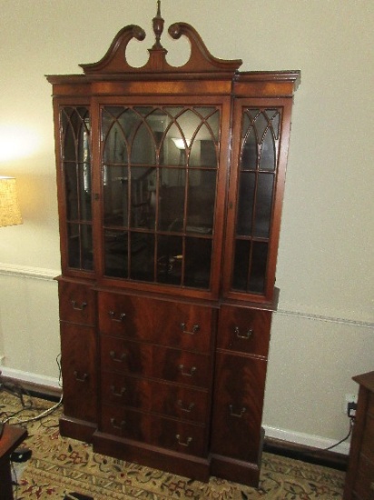 Exceptional English Chippendale Style Crotch Mahogany Breakfront Secretary Desk Finial