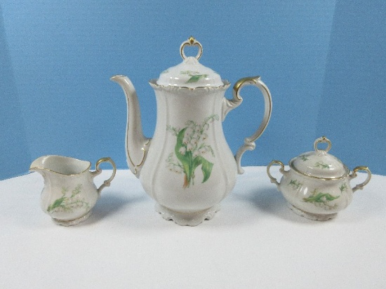 5 pc. Edelstein China Bavaria Lily of the Valley Pattern 8 1/4" Coffee and Lid, 3 1/4" Creamer
