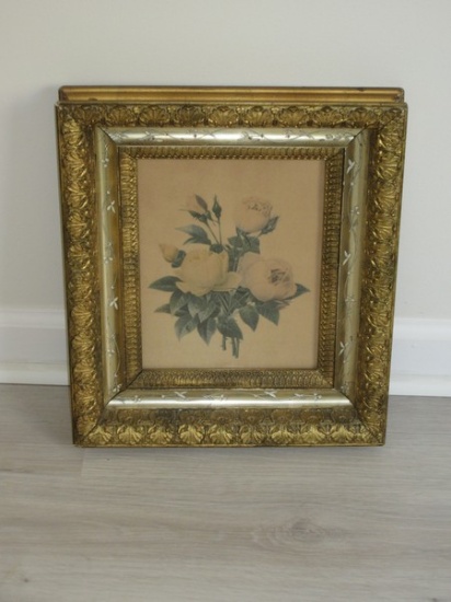 Beautiful Antique Victorian Gesso Ornately Embellished Frame w/Botanical Stem Roses Print