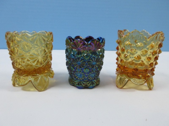Collection 3 Glass Toothpick Holders LE Smith Amethyst Carnival Glass Daisy & Button 2 1/2",