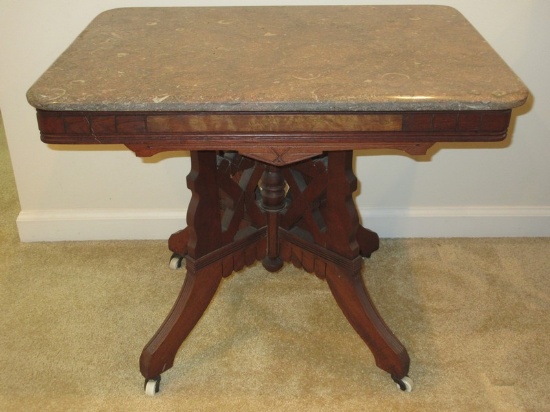 Exquisite Eastlake Walnut Traditional Parlor Side Table/End Table w/Beveled Edge Marble Top &