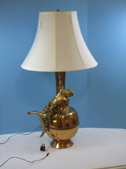 Unique Brass Vase Form 32" Table Lamp w/Figural Arab Man w/Snake on His Arm Detailed Metal