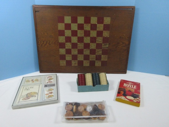 Game Lot Vintage Pine Handpainted Checker Board 23" x 16 1/4" Wooden Checkers, Poker Chips,