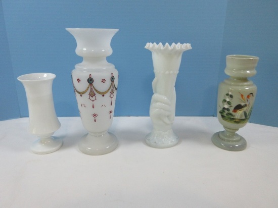 Lot Milk Glass 9" Cornucopia Ladies Hand Vase, Opaque 7 3/4" Hand Blown/Painted Bird &