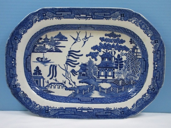 Antique Herculaneum English Semi Porcelain Blue Willow Pattern 16 1/2" Shallow Serving Platter