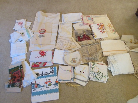 Lot Vintage Linen Table Cloths, Needlework Table Cloth, 1966 Linen Calendar Towel, Bemis