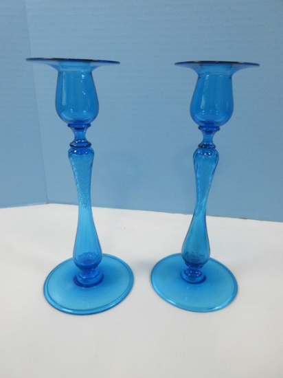 Stunning Pair 8 1/4" Spiral Celestial Blue Candle Sticks