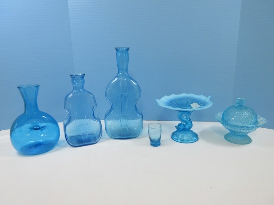 Azure Blue Glass Collection Blue Opalescent Dolphin Base 4 3/4" Compote, Unique Hand Blown