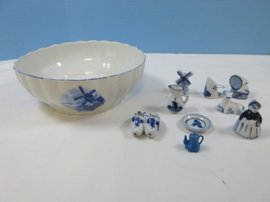 Lot Semi Porcelain Blue/White 8 1/2" Round Bowl Dutch Windmills Pattern, Mini Porcelain Dutch
