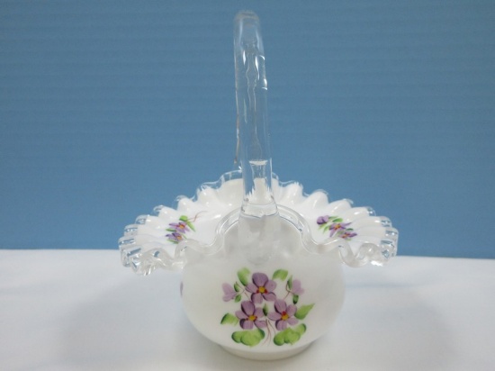 Fenton Art Glass Silver Crest Milk Glass Violets in The Snow Handpainted Purple Violets