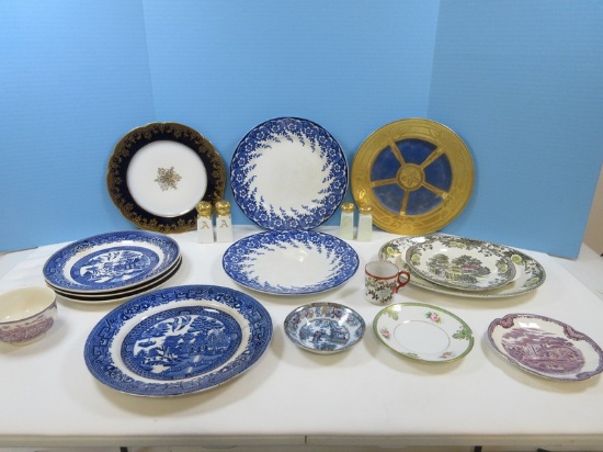 Lot Porcelaiin 10" Plate Gilt/Cobalt Spoke Foliage Pattern, Blue Willow Homer Laughlin/Other