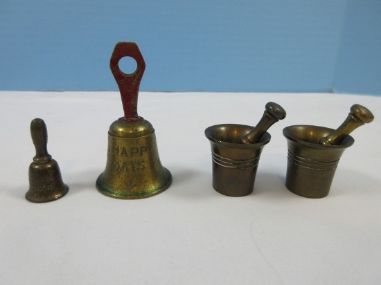 Lot Mini Brass Collection Mortar & Pestle 1", 2 Bells 2 1/2"/1 3/8"