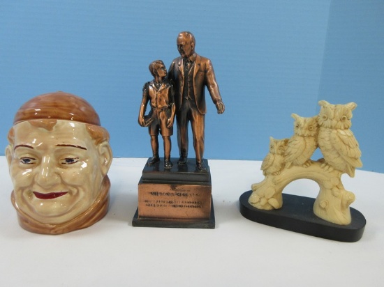 Lot Sculptor A. Santini Classic Figure 3 Perched Owls 5 1/2", Milton Hershey 8" Statuette, Ceramic