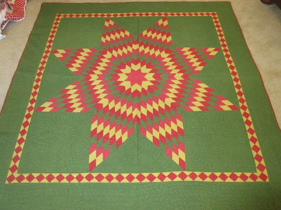 Vintage Lone Star Summer Quilt Diamond Border Green, Yellow & Red Colors Foliage Stitching