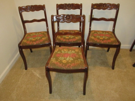 Set of 4 Mahogany Carved Flower & Foliage Side Chairs w/Pastel Floral Spray Upholstered Seats