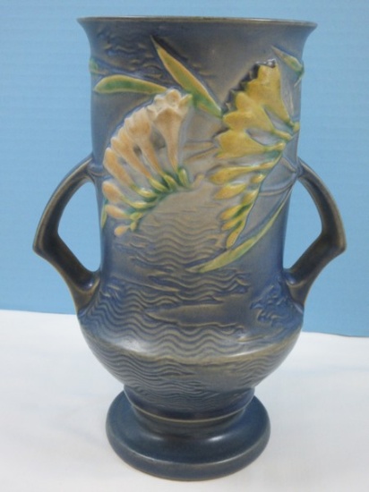 Roseville Pottery Relief Freesia Blue 9" Double Handled Vase 123-9"-  Circa 1945