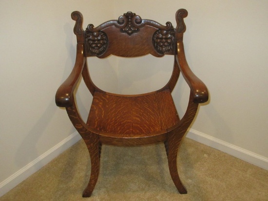 Renaissance Revival Stylized Tiger Oak Quarter Sawn Oak Heavily Carved Empire Arm Chair/Fire-