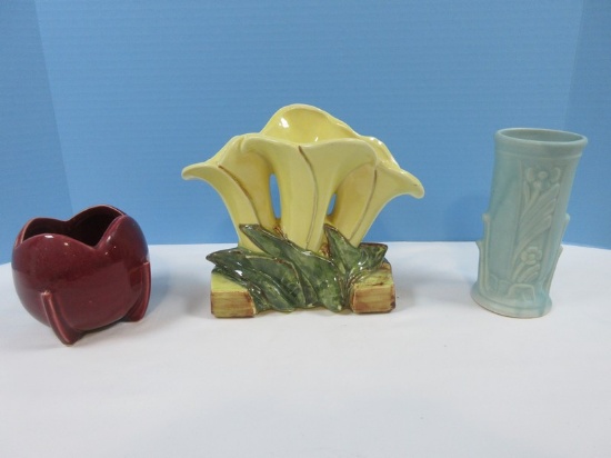 Lot McCoy Pottery Triple Calla Lily Yellow Flower Vase Circa 1950's Approx 7"H x 8 1/2" &
