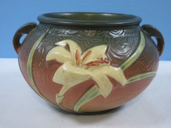 Roseville Pottery Zepher Lily Circular Textured Brown Background Jardiniere 671-4" Circa 1940