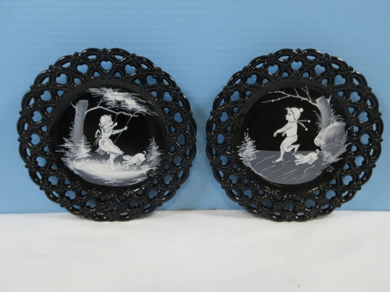 Set of 2 Westmoreland Black Milk Glass Mary Gregory Stylized Hand Painted White Children 8 1/2