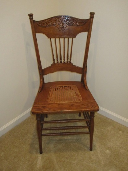Early Oak Spindle Pressed Back Chair w/Cane Woven Seat Ornately Embellished Design