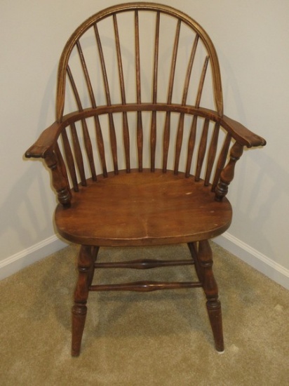 Vintage Walnut Windsor Style Sack Back Arm Chair