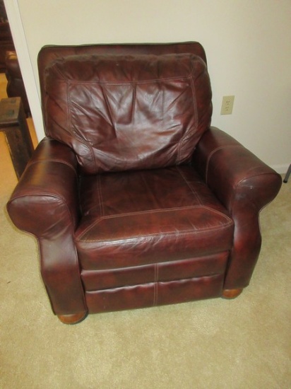 Ashley Furniture Transitional Modern Leather Recliner Rolled Arm on Wooden Bun Feet